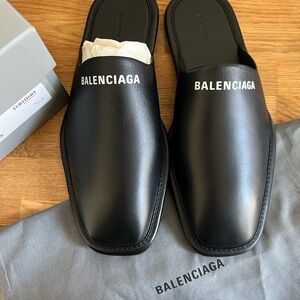 Balenciaga Black Leather Logo Slip-On Loafers